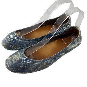 Tieks Paradise Blue & Pale Gold Leather Metallic Embossed Slip On Ballet Flats